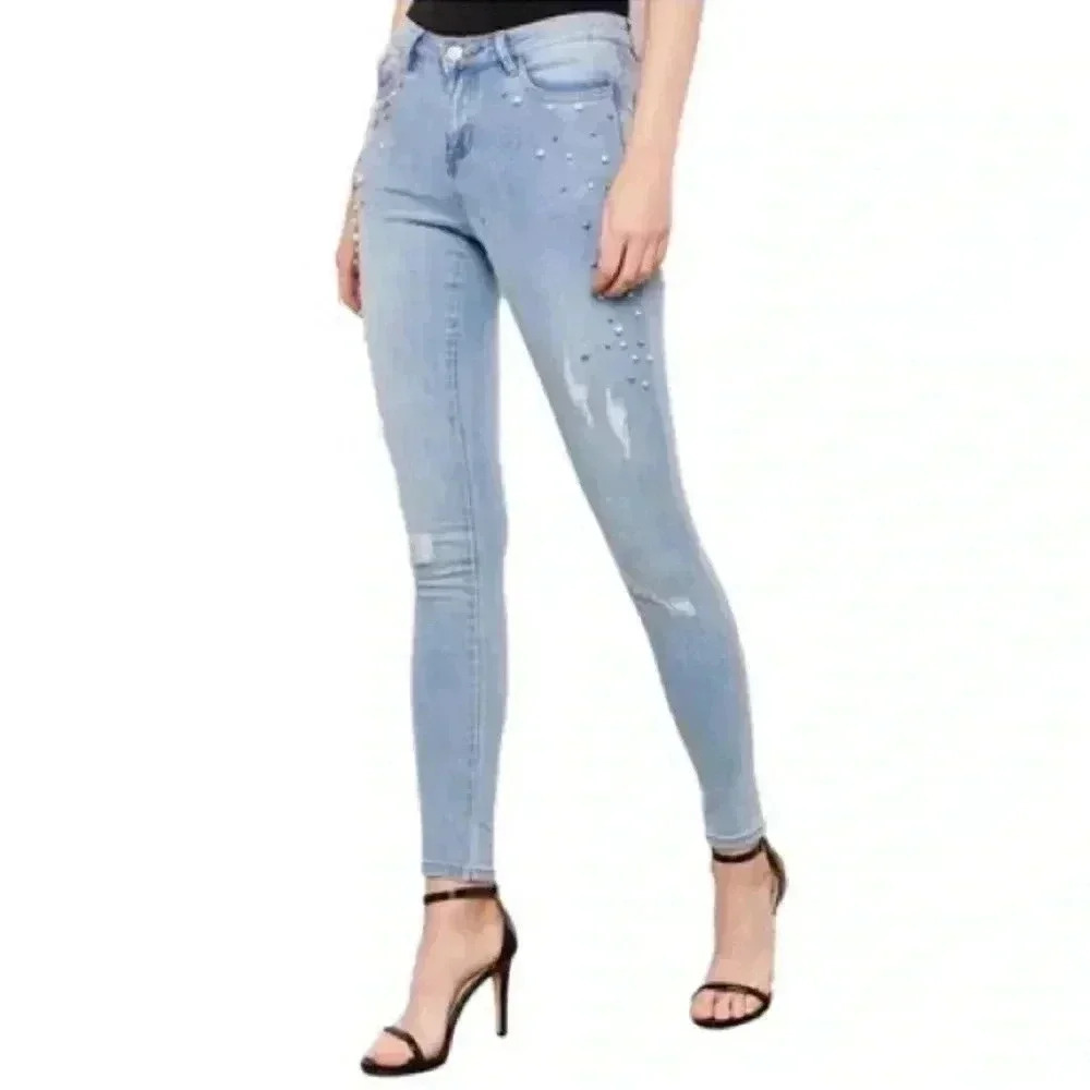 Brave Soul Skinny Jeans Beaded Distressed Denim Stretch Light Blue Size 27 4 NWT